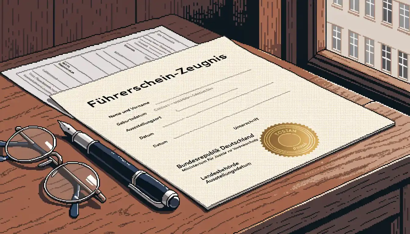 Offizielle deutsche Lizenzurkunde mit Goldsiegel auf Schreibtisch