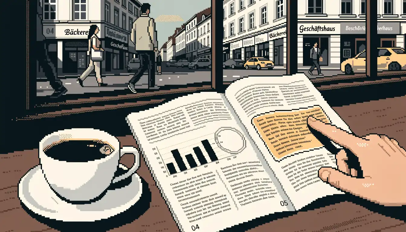 Offene Informationsbroschüre auf Cafétisch mit Kaffeetasse